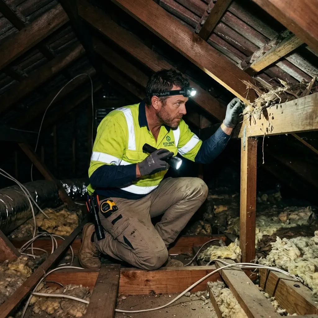 Technician inspecting a roof cavity for a dead animal in Hoppers Crossing